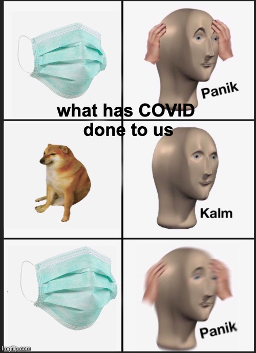 what has COVID done to us | what has COVID
 done to us | image tagged in memes,panik kalm panik,covid | made w/ Imgflip meme maker