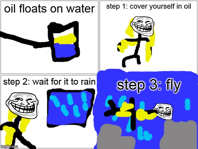 May 2021 NYC "Heaven Stairway" Incident | oil floats on water; step 1: cover yourself in oil; step 2: wait for it to rain; step 3: fly | image tagged in memes,blank comic panel 2x2 | made w/ Imgflip meme maker