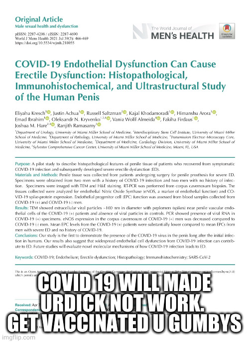 COVID-19 will make it weenr ween'nt |  COVID 19 WILL MADE URDICK NOT WORK.  GET VACCINATED U GUMBYS | image tagged in political meme,covid-19 | made w/ Imgflip meme maker