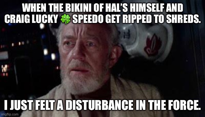 Disturbance in the force | WHEN THE BIKINI OF HAL’S HIMSELF AND CRAIG LUCKY 🍀 SPEEDO GET RIPPED TO SHREDS. I JUST FELT A DISTURBANCE IN THE FORCE. | image tagged in disturbance in the force | made w/ Imgflip meme maker