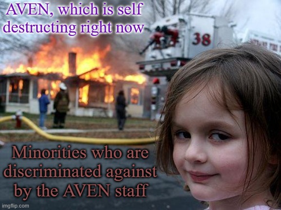 We didn't start the fire; but I will enjoy some toasted marshmallows. | AVEN, which is self destructing right now; Minorities who are
discriminated against
by the AVEN staff | image tagged in memes,disaster girl,racist,asexual,website | made w/ Imgflip meme maker