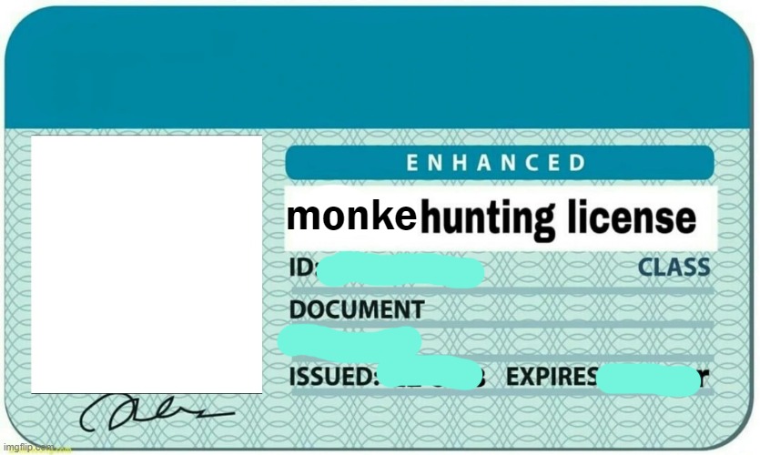 monke hunting license [blank] | monke | image tagged in blank template,monke hunting license,memes,license plate | made w/ Imgflip meme maker