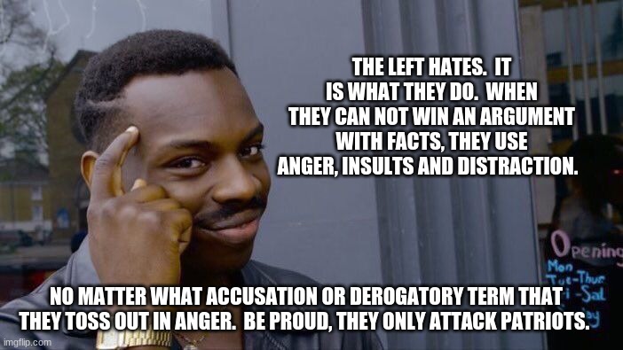 I have to care about you before I care about your opinion | THE LEFT HATES.  IT IS WHAT THEY DO.  WHEN THEY CAN NOT WIN AN ARGUMENT WITH FACTS, THEY USE ANGER, INSULTS AND DISTRACTION. NO MATTER WHAT ACCUSATION OR DEROGATORY TERM THAT THEY TOSS OUT IN ANGER.  BE PROUD, THEY ONLY ATTACK PATRIOTS. | image tagged in memes,roll safe think about it,no one cares,liberal logic,hate will destroy you,patriot | made w/ Imgflip meme maker