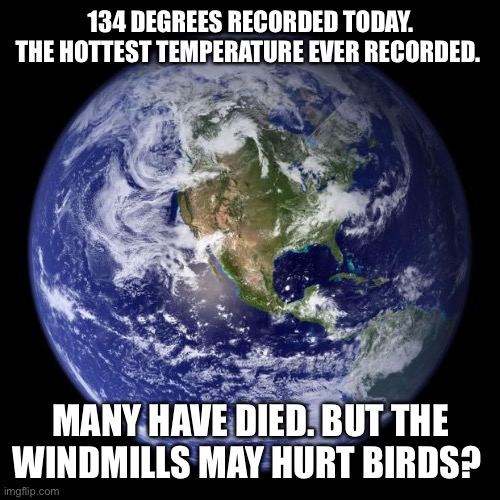 earth | 134 DEGREES RECORDED TODAY. THE HOTTEST TEMPERATURE EVER RECORDED. MANY HAVE DIED. BUT THE WINDMILLS MAY HURT BIRDS? | image tagged in earth | made w/ Imgflip meme maker