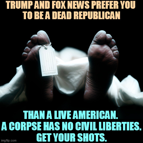 A dead body can't support Trump, especially if it's yours. | TRUMP AND FOX NEWS PREFER YOU 
TO BE A DEAD REPUBLICAN; THAN A LIVE AMERICAN. 
A CORPSE HAS NO CIVIL LIBERTIES.
GET YOUR SHOTS. | image tagged in dead body corpse feet tag,covid-19,trump,fox news,anti vax,murderer | made w/ Imgflip meme maker