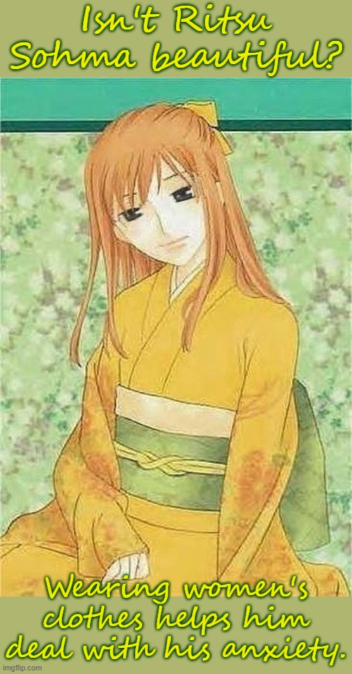 He's in the show "Fruits Basket." | Isn't Ritsu Sohma beautiful? Wearing women's clothes helps him deal with his anxiety. | image tagged in ritsu sohma,anime,character,anxiety,crossdressing | made w/ Imgflip meme maker