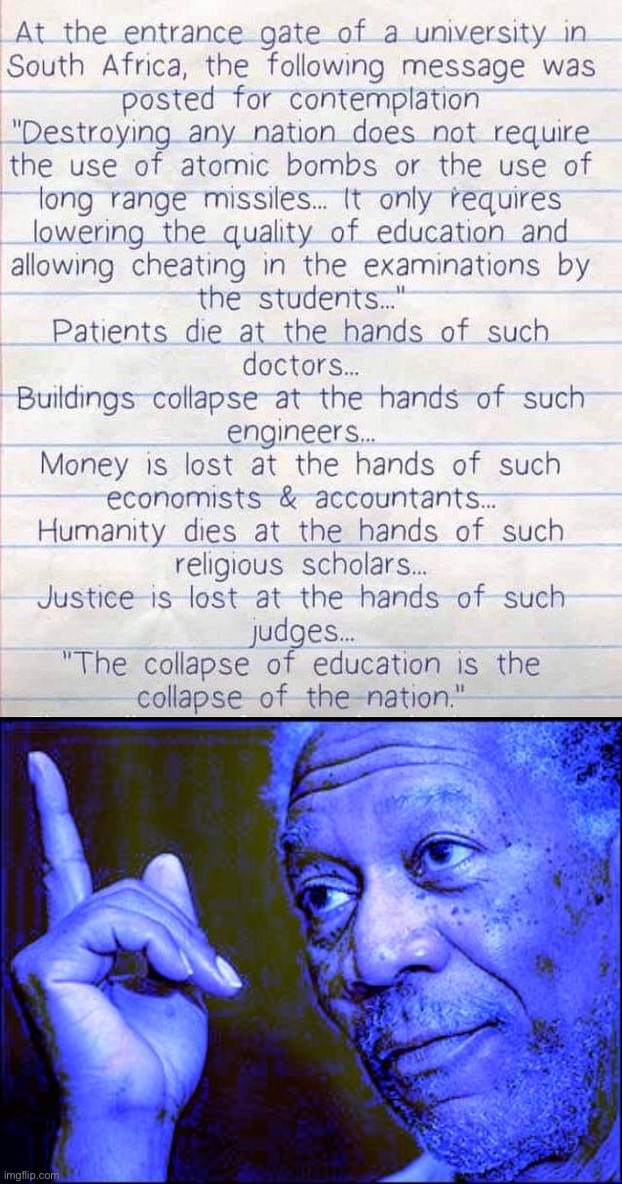 We must invest in education. | image tagged in south african quote education,morgan freeman this blue version,education,educational,south africa,government | made w/ Imgflip meme maker