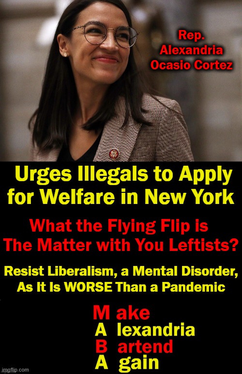 Illegal aliens & taxpayer-funded welfare programs are just plain wrong! |  Rep. Alexandria Ocasio Cortez; Urges Illegals to Apply
for Welfare in New York; What the Flying Flip is 
The Matter with You Leftists? Resist Liberalism, a Mental Disorder,
As It Is WORSE Than a Pandemic | image tagged in political meme,democratic socialism,illegal aliens,taxpayer,welfare,crazy | made w/ Imgflip meme maker