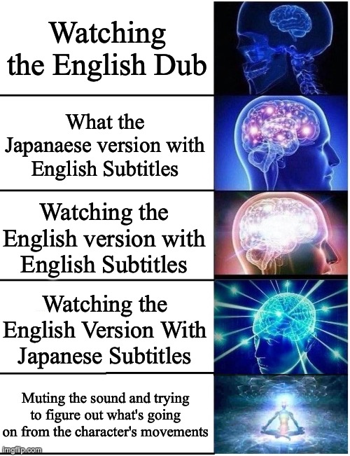 Expanding Brain 5 Panel | Watching the English Dub; What the Japanaese version with English Subtitles; Watching the English version with English Subtitles; Watching the English Version With Japanese Subtitles; Muting the sound and trying to figure out what's going on from the character's movements | image tagged in expanding brain 5 panel,anime,anime meme | made w/ Imgflip meme maker