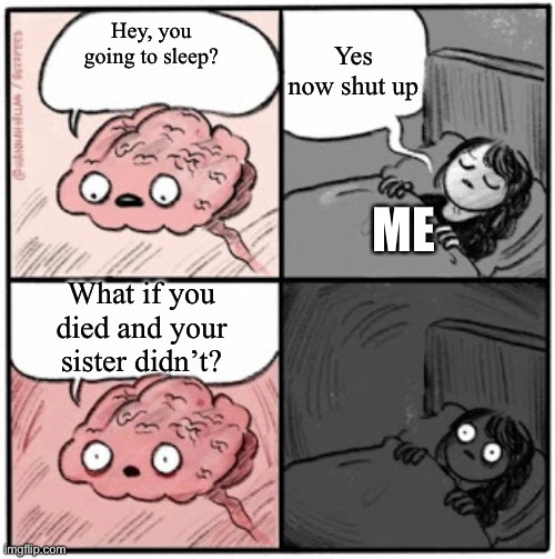 This happened last night | Yes now shut up; Hey, you going to sleep? ME; What if you died and your sister didn’t? | image tagged in brain before sleep | made w/ Imgflip meme maker