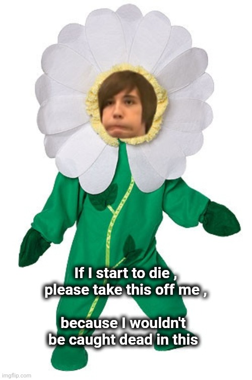Grandma bought it | because I wouldn't be caught dead in this; If I start to die , please take this off me , | image tagged in flower dan,what can i say except aaaaaaaaaaa,cute,well yes but actually no | made w/ Imgflip meme maker