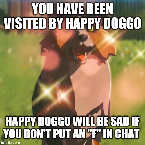 Zelda dog | YOU HAVE BEEN VISITED BY HAPPY DOGGO; HAPPY DOGGO WILL BE SAD IF YOU DON'T PUT AN "F" IN CHAT | image tagged in zelda dog | made w/ Imgflip meme maker