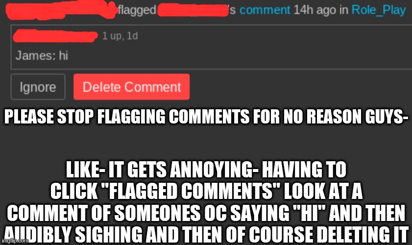 Im gonna make a list of everyone starting now that flags a comment with no good reason. and for every 3 flags they get a 2h ban | PLEASE STOP FLAGGING COMMENTS FOR NO REASON GUYS-; LIKE- IT GETS ANNOYING- HAVING TO CLICK "FLAGGED COMMENTS" LOOK AT A COMMENT OF SOMEONES OC SAYING "HI" AND THEN AUDIBLY SIGHING AND THEN OF COURSE DELETING IT | image tagged in memes,blank transparent square | made w/ Imgflip meme maker