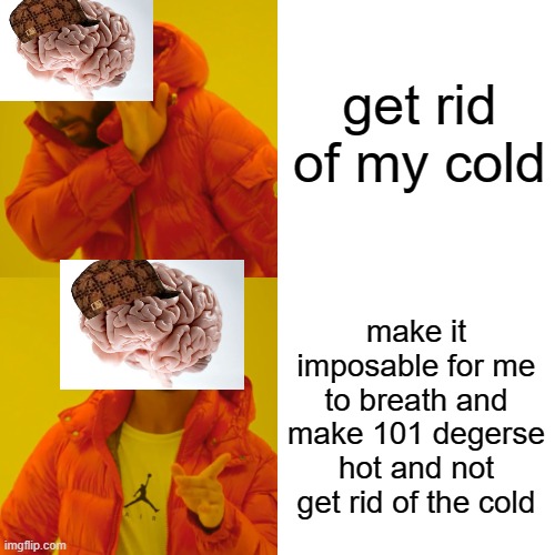 does this happen to you | get rid of my cold; make it imposable for me to breath and make 101 degerse hot and not get rid of the cold | image tagged in memes,drake hotline bling | made w/ Imgflip meme maker