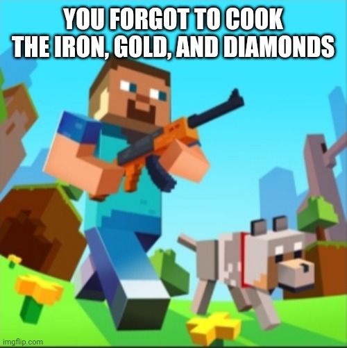 Minecraft Steve with gun | YOU FORGOT TO COOK THE IRON, GOLD, AND DIAMONDS | image tagged in minecraft steve with gun | made w/ Imgflip meme maker