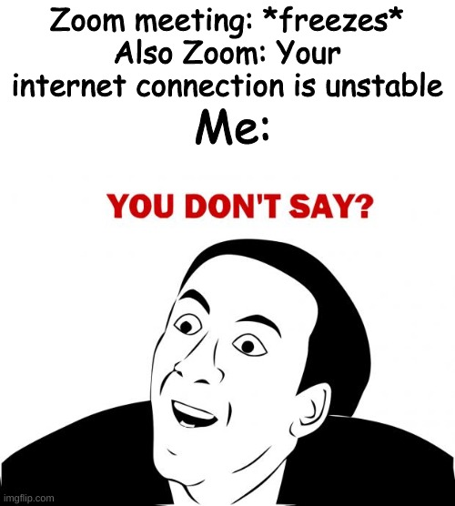 This happens everytime | Zoom meeting: *freezes*
Also Zoom: Your internet connection is unstable; Me: | image tagged in memes,you don't say,zoom | made w/ Imgflip meme maker