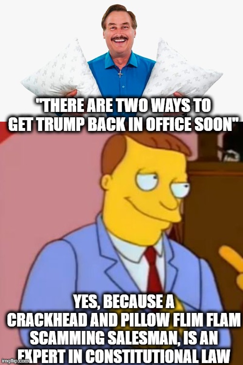 Trumps circle is just like him, clueless con men full of BS | "THERE ARE TWO WAYS TO GET TRUMP BACK IN OFFICE SOON"; YES, BECAUSE A CRACKHEAD AND PILLOW FLIM FLAM SCAMMING SALESMAN, IS AN EXPERT IN CONSTITUTIONAL LAW | image tagged in my pillow guy,lionel hutz lawyer simpsons,memes,politics,scam,maga | made w/ Imgflip meme maker