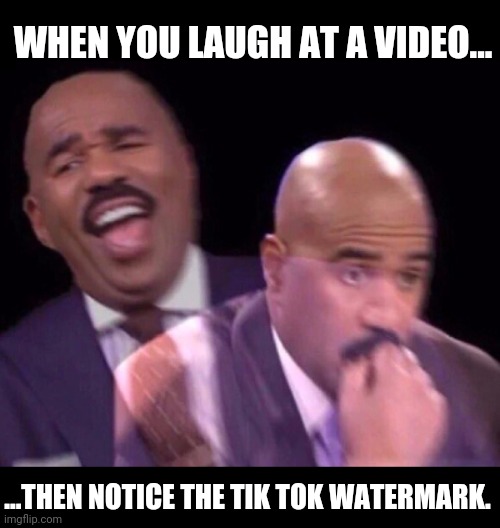 Inspired by actual events. |  WHEN YOU LAUGH AT A VIDEO... ...THEN NOTICE THE TIK TOK WATERMARK. | image tagged in steve harvey laughing serious,tik tok sucks,tiktok sucks,horror,laughing,guilty | made w/ Imgflip meme maker