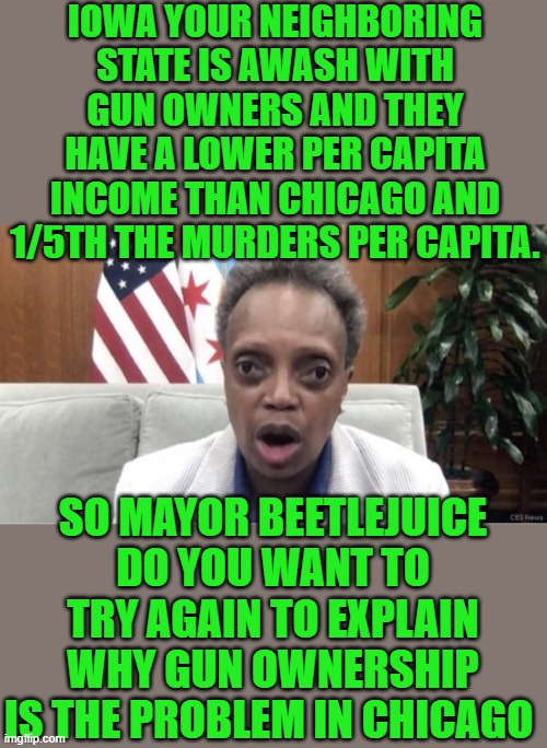 yep | IOWA YOUR NEIGHBORING STATE IS AWASH WITH GUN OWNERS AND THEY HAVE A LOWER PER CAPITA INCOME THAN CHICAGO AND 1/5TH THE MURDERS PER CAPITA. SO MAYOR BEETLEJUICE DO YOU WANT TO TRY AGAIN TO EXPLAIN WHY GUN OWNERSHIP IS THE PROBLEM IN CHICAGO | image tagged in democrats,fascism,hypocrisy | made w/ Imgflip meme maker