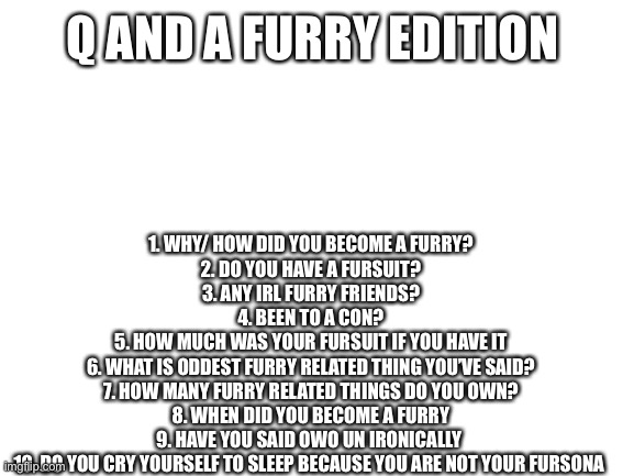 Bored | 1. WHY/ HOW DID YOU BECOME A FURRY?
2. DO YOU HAVE A FURSUIT?
3. ANY IRL FURRY FRIENDS?
4. BEEN TO A CON?
5. HOW MUCH WAS YOUR FURSUIT IF YOU HAVE IT
6. WHAT IS ODDEST FURRY RELATED THING YOU’VE SAID?
7. HOW MANY FURRY RELATED THINGS DO YOU OWN?
8. WHEN DID YOU BECOME A FURRY
9. HAVE YOU SAID OWO UN IRONICALLY 
10. DO YOU CRY YOURSELF TO SLEEP BECAUSE YOU ARE NOT YOUR FURSONA; Q AND A FURRY EDITION | image tagged in blank white template | made w/ Imgflip meme maker