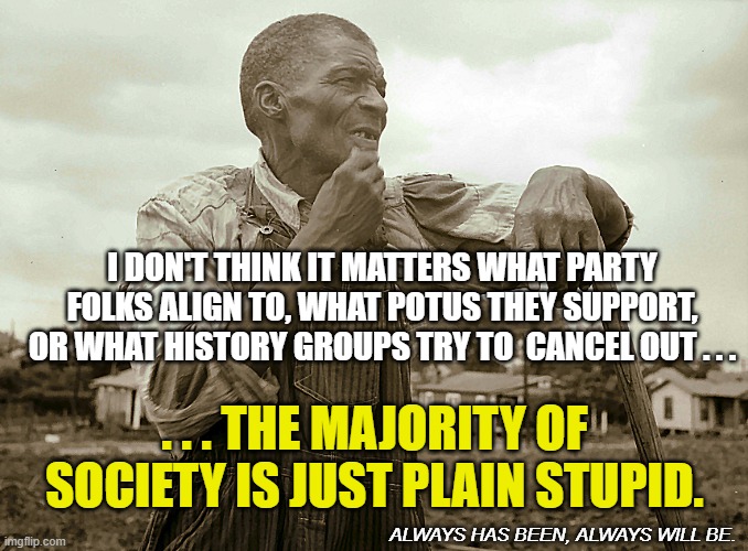 Face it ... Society is Stupid ... and doomed to repeat its mistakes forever. | I DON'T THINK IT MATTERS WHAT PARTY FOLKS ALIGN TO, WHAT POTUS THEY SUPPORT, OR WHAT HISTORY GROUPS TRY TO  CANCEL OUT . . . . . . THE MAJORITY OF SOCIETY IS JUST PLAIN STUPID. ALWAYS HAS BEEN, ALWAYS WILL BE. | image tagged in pensive colored sharecropper,democrats,republicans,trump,biden,blm | made w/ Imgflip meme maker