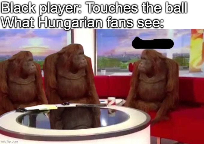 Dont forget the racial slurs | Black player: Touches the ball
What Hungarian fans see: | image tagged in where banana | made w/ Imgflip meme maker