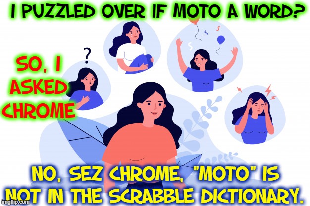 I PUZZLED OVER IF MOTO A WORD? NO, SEZ CHROME, "MOTO" IS NOT IN THE SCRABBLE DICTIONARY. SO, I
ASKED
CHROME | made w/ Imgflip meme maker