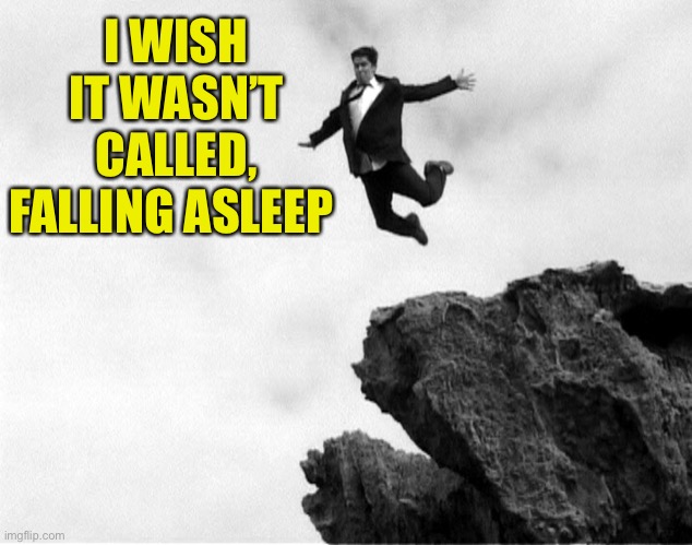 Man Jumping Off a Cliff | I WISH IT WASN’T CALLED, FALLING ASLEEP | image tagged in man jumping off a cliff | made w/ Imgflip meme maker
