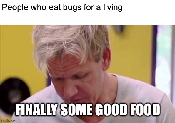 finally some good food | People who eat bugs for a living: FINALLY SOME GOOD FOOD | image tagged in finally some good food | made w/ Imgflip meme maker