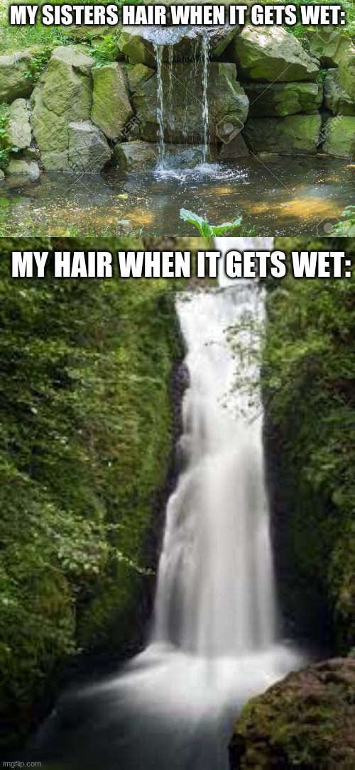 This is my life | MY SISTERS HAIR WHEN IT GETS WET:; MY HAIR WHEN IT GETS WET: | image tagged in hair,waterfall | made w/ Imgflip meme maker