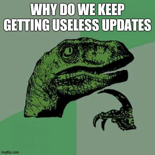 This new one was barley an update | WHY DO WE KEEP GETTING USELESS UPDATES | image tagged in memes,philosoraptor,update | made w/ Imgflip meme maker