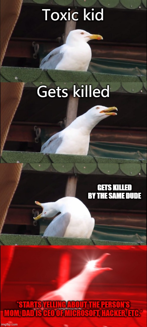 Inhaling Seagull Meme | Toxic kid; Gets killed; GETS KILLED BY THE SAME DUDE; *STARTS YELLING ABOUT THE PERSON'S MOM, DAD IS CEO OF MICROSOFT, HACKER, ETC.* | image tagged in memes,inhaling seagull | made w/ Imgflip meme maker