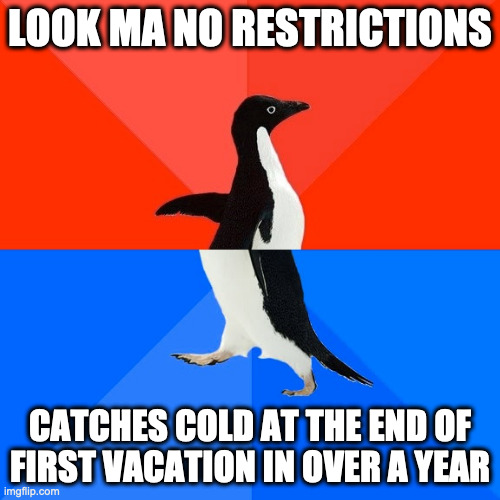 I want to kick my nose in the ⚽️⚾️ | LOOK MA NO RESTRICTIONS; CATCHES COLD AT THE END OF FIRST VACATION IN OVER A YEAR | image tagged in memes,socially awesome awkward penguin | made w/ Imgflip meme maker