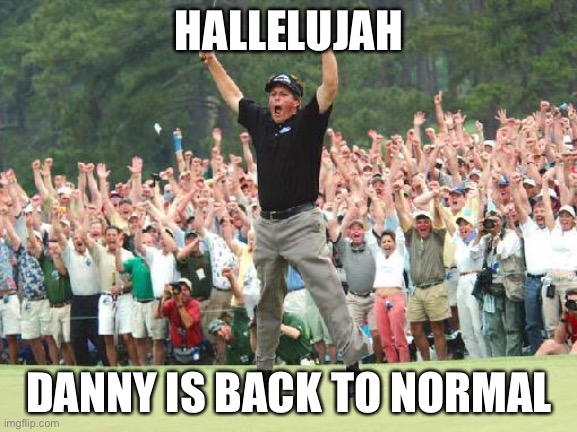 Golf celebration | HALLELUJAH; DANNY IS BACK TO NORMAL | image tagged in golf celebration | made w/ Imgflip meme maker