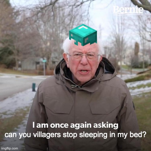 plz | can you villagers stop sleeping in my bed? | image tagged in memes,bernie i am once again asking for your support | made w/ Imgflip meme maker