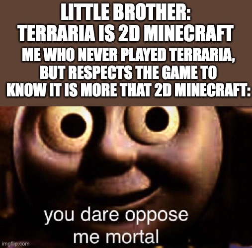 I am not dead, I have been busy | LITTLE BROTHER: TERRARIA IS 2D MINECRAFT; ME WHO NEVER PLAYED TERRARIA, BUT RESPECTS THE GAME TO KNOW IT IS MORE THAT 2D MINECRAFT: | image tagged in you dare oppose me mortal | made w/ Imgflip meme maker