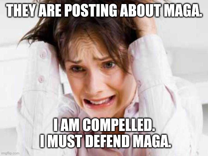 Sufferers of TDS | THEY ARE POSTING ABOUT MAGA. I AM COMPELLED.  I MUST DEFEND MAGA. | image tagged in sufferers of tds | made w/ Imgflip meme maker