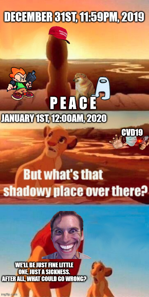 Simba Shadowy Place Meme | DECEMBER 31ST, 11:59PM, 2019; P E A C E; JANUARY 1ST, 12:00AM, 2020; CVD19; WE'LL BE JUST FINE LITTLE ONE, JUST A SICKNESS. AFTER ALL, WHAT COULD GO WRONG? | image tagged in memes,simba shadowy place | made w/ Imgflip meme maker