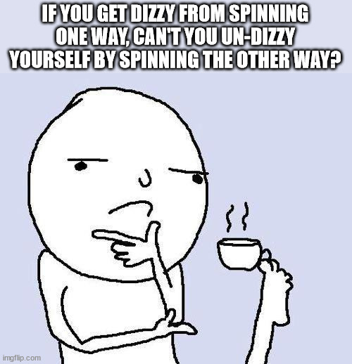 hmm... |  IF YOU GET DIZZY FROM SPINNING ONE WAY, CAN'T YOU UN-DIZZY YOURSELF BY SPINNING THE OTHER WAY? | image tagged in thinking meme,funny,memes | made w/ Imgflip meme maker