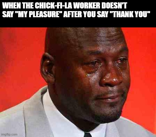 crying michael jordan | WHEN THE CHICK-FI-LA WORKER DOESN'T SAY "MY PLEASURE" AFTER YOU SAY "THANK YOU" | image tagged in crying michael jordan | made w/ Imgflip meme maker