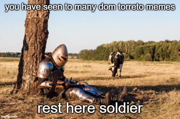 rest here, you will need it |  you have seen to many dom torreto memes; rest here soldier | image tagged in funny,knight | made w/ Imgflip meme maker