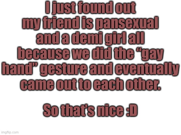 She’s one of the few people I know who’s apart of the LGBTQ community so I’m very happy :D |  I just found out my friend is pansexual and a demi girl all because we did the “gay hand” gesture and eventually came out to each other. So that’s nice :D | image tagged in blank white template | made w/ Imgflip meme maker