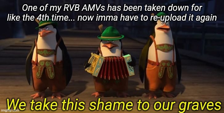 Damn copyright | One of my RVB AMVs has been taken down for like the 4th time... now imma have to re-upload it again | image tagged in we take this shame to our graves | made w/ Imgflip meme maker