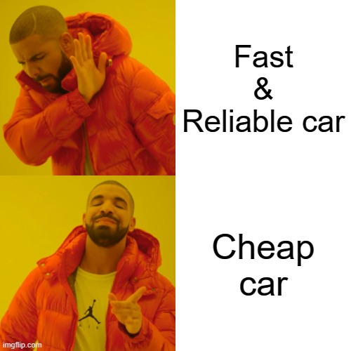 Drake Hotline Bling | Fast & Reliable car; Cheap car | image tagged in memes,drake hotline bling | made w/ Imgflip meme maker