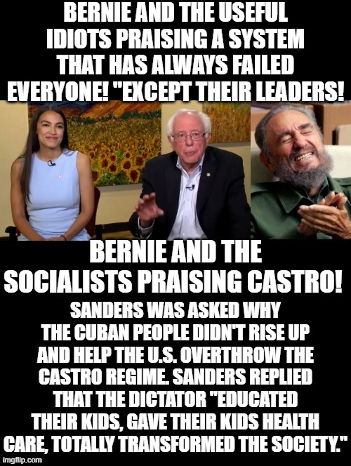 Are you a "USEFUL IDIOT"? If not NEVER VOTE DEMOCRAT! |  BERNIE AND THE USEFUL IDIOTS PRAISING A SYSTEM THAT HAS ALWAYS FAILED EVERYONE! "EXCEPT THEIR LEADERS! | image tagged in idiots,morons,cowards,stupid people,stupid liberals,democrats | made w/ Imgflip meme maker