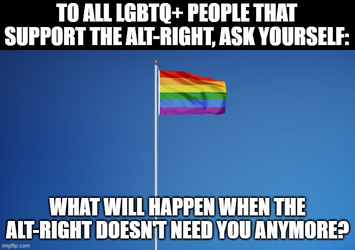The party directly calls for the removal of your rights. What makes you think they'll leave you alone if they win? | TO ALL LGBTQ+ PEOPLE THAT SUPPORT THE ALT-RIGHT, ASK YOURSELF:; WHAT WILL HAPPEN WHEN THE ALT-RIGHT DOESN'T NEED YOU ANYMORE? | image tagged in lgbtq flag,republicans,equal rights | made w/ Imgflip meme maker