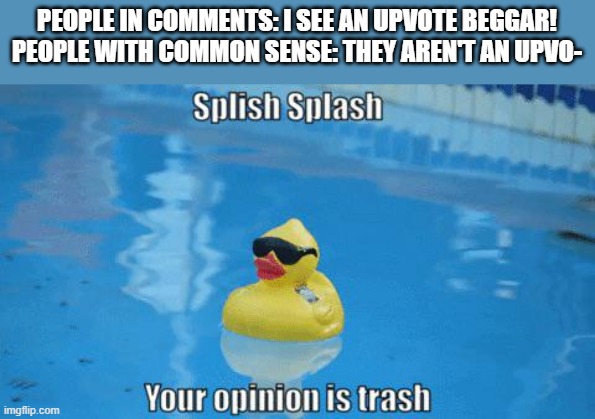 Splish Splash your opinion is trash | PEOPLE IN COMMENTS: I SEE AN UPVOTE BEGGAR!
PEOPLE WITH COMMON SENSE: THEY AREN'T AN UPVO- | image tagged in splish splash your opinion is trash | made w/ Imgflip meme maker