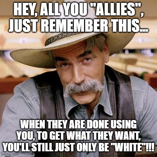 A call to all the "woke" allies... | HEY, ALL YOU "ALLIES", JUST REMEMBER THIS... WHEN THEY ARE DONE USING YOU, TO GET WHAT THEY WANT, YOU'LL STILL JUST ONLY BE "WHITE"!!! | image tagged in nwo,leftist terrorism,racism | made w/ Imgflip meme maker