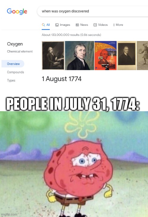wait what | PEOPLE IN JULY 31, 1774: | image tagged in blank white template,spongebob holding breath | made w/ Imgflip meme maker