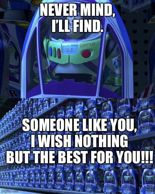 Someone like you | NEVER MIND, I’LL FIND. SOMEONE LIKE YOU, I WISH NOTHING BUT THE BEST FOR YOU!!! | image tagged in buzz lightyear | made w/ Imgflip meme maker